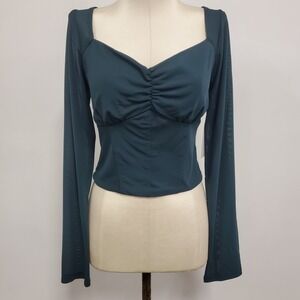 Kirious La Womens Y2K Mesh Overlay Babydoll Cropped Top Size L Emerald Green NWT